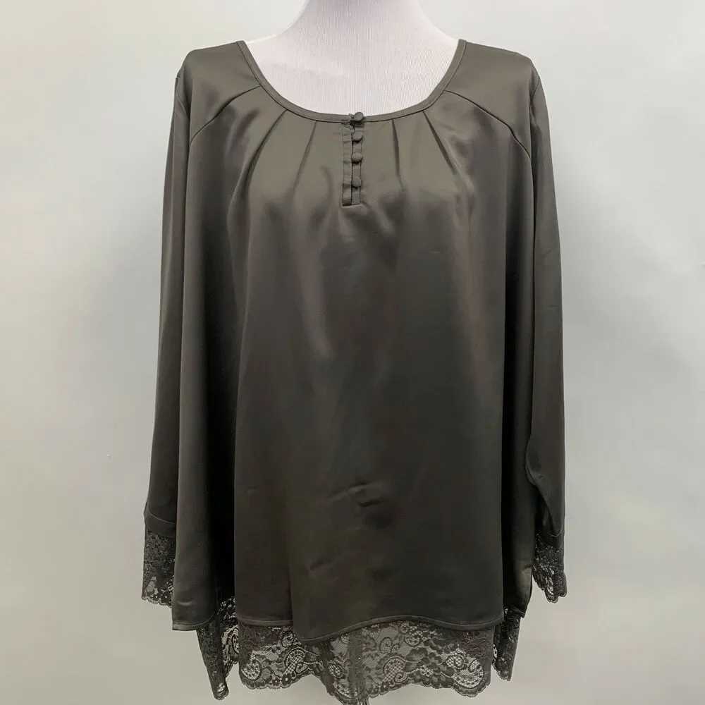 QVC Isaac Mizrahi Live Women's Top Size 28W Taupe Brown Lace‎ Hem